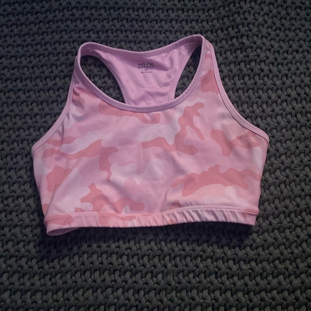 Pink camo stretch sports bra that’s a size Medium, true to size